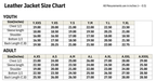 Leather jacket size chart for youth and adults with measurements in inches.